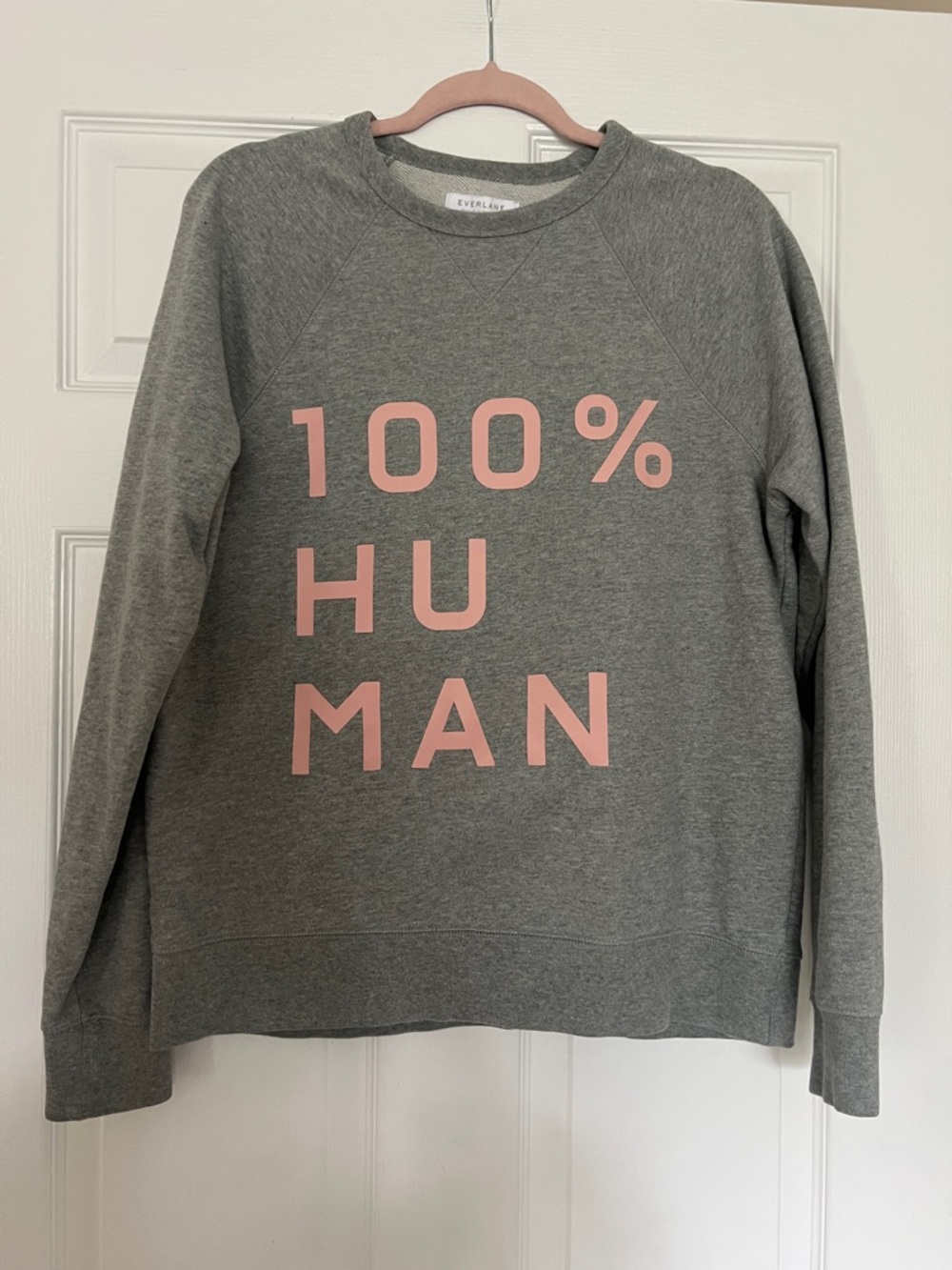 Everlane Gray Crewneck Sweater with Pink "100% HUMAN" Graphic
